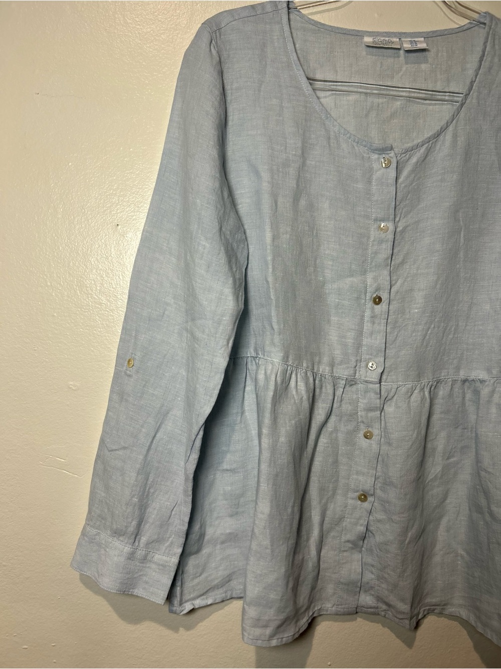 Sigrid Olsen 100% Linen Light Blue Peplum Button Front Blouse Top Medium EUC - Picture 5 of 6